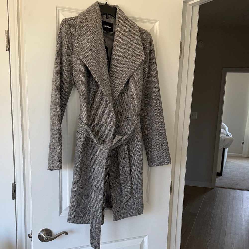 Express Gray Belted Wrap Trench Coat